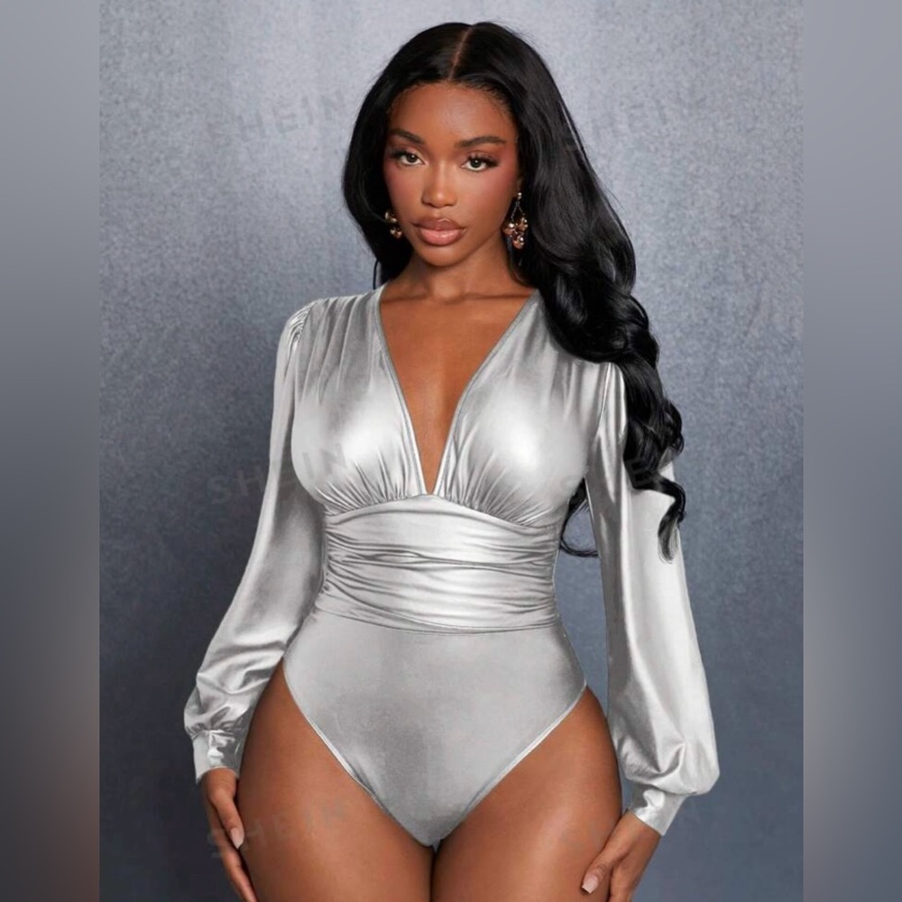 NEW SHEIN Elegant Deep V Neck pu Leather Bodysuit